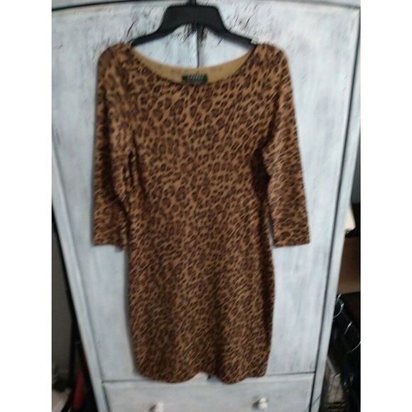 Lauren Ralph Lauren Leopard Print Sweater Dress Medium Boho Cottagecore Classic - Picture 4 of 8